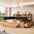 Harper & Bright Designs Full Size Daybed Sofa Bed with Trundle and L-Shaped Upholstered Headboard, Wooden Corner Platform Bed Frame with Storage Shelves, Bench, Charging Station, Natural Color+Black