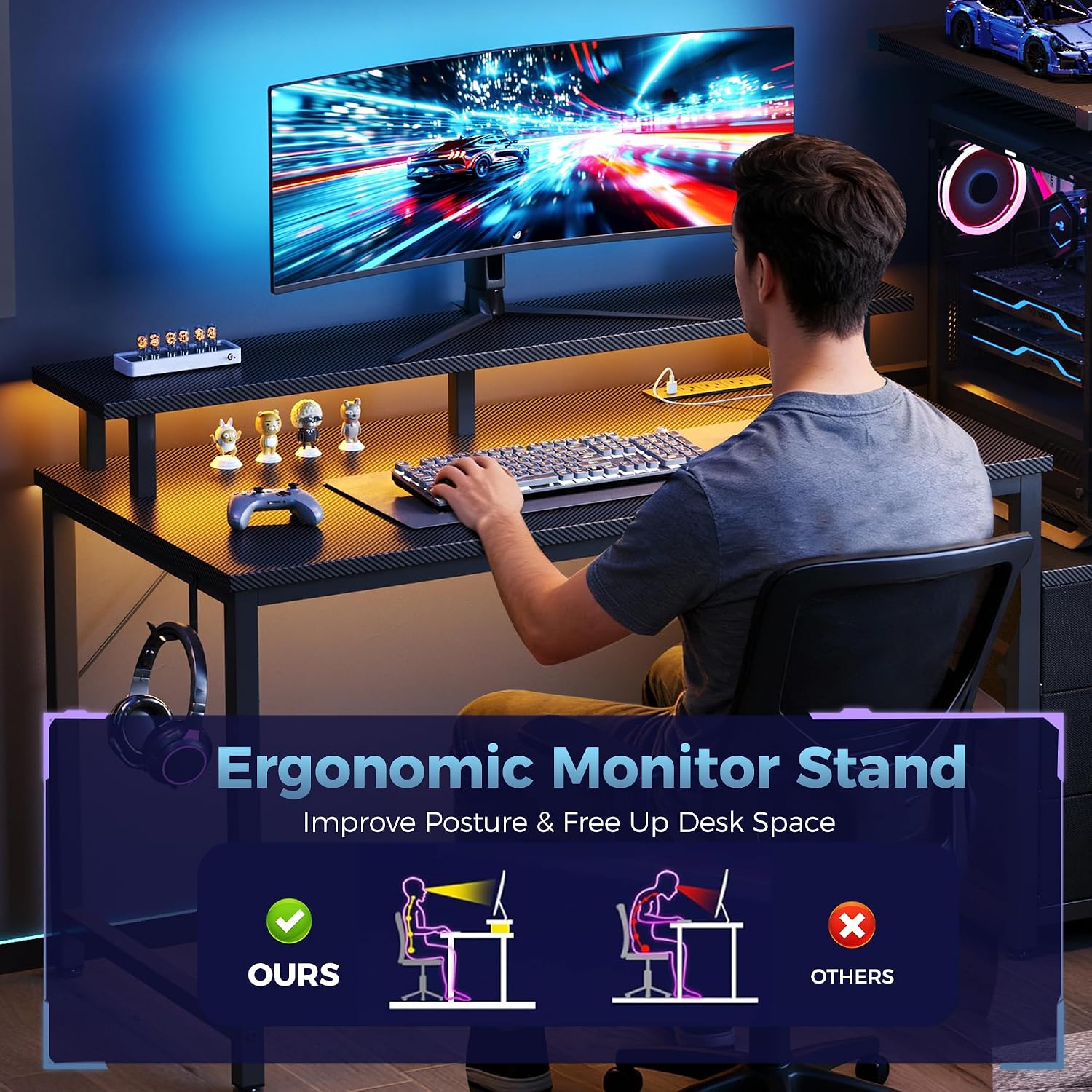 NEWBULIG Computer Gaming Desk with USB Charging Ports & LED Light, 52inch Home Office Desk with Storage Shelves & Monitor Stand, Work Study Corner Table with Drawer, Carbon Fiber Black