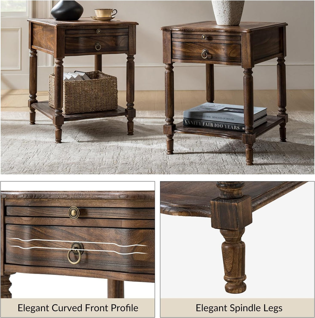 HULALA HOME Small End Table with Charging Station, Solid Wood Side Table with a Drawer & Open Shelf, Vintage Finish, Spindle Legs(Walnut, Set of 2)