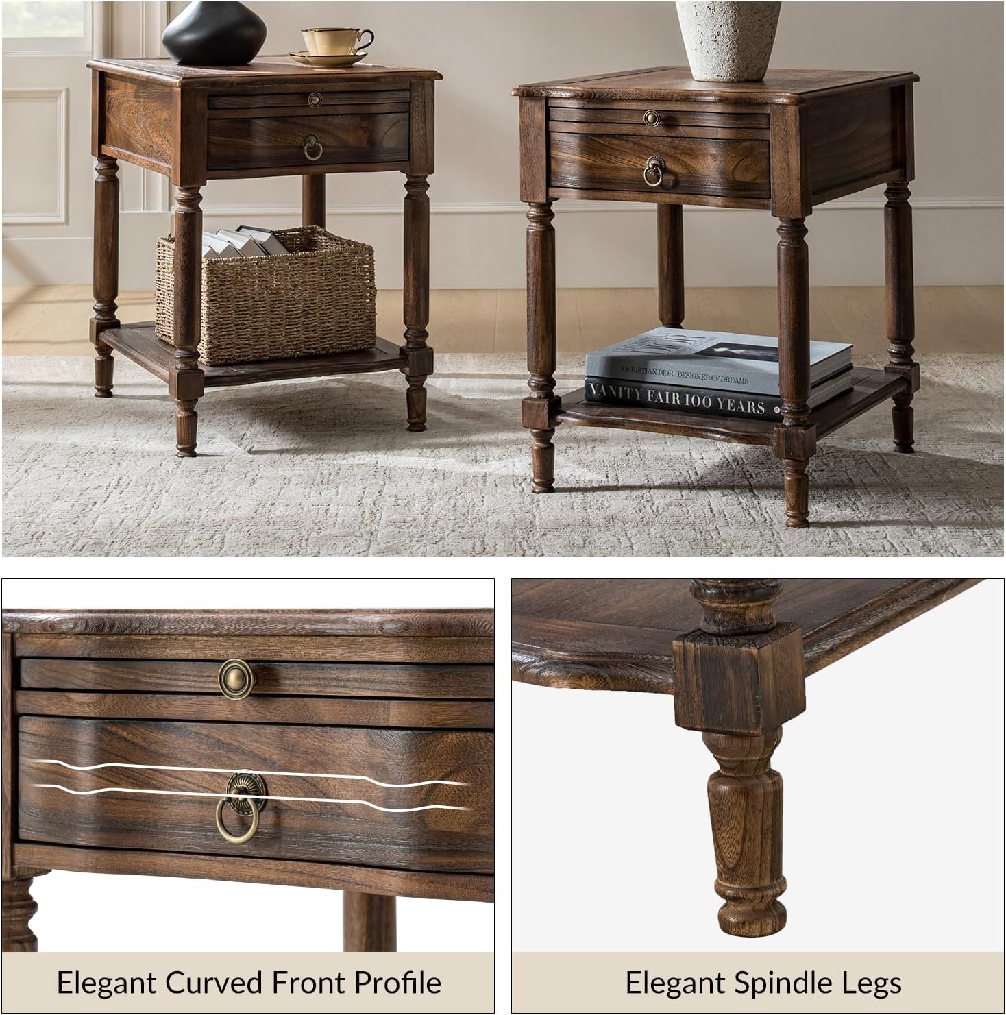 HULALA HOME Small End Table with Charging Station, Solid Wood Side Table with a Drawer & Open Shelf, Vintage Finish, Spindle Legs(Walnut, Set of 2)