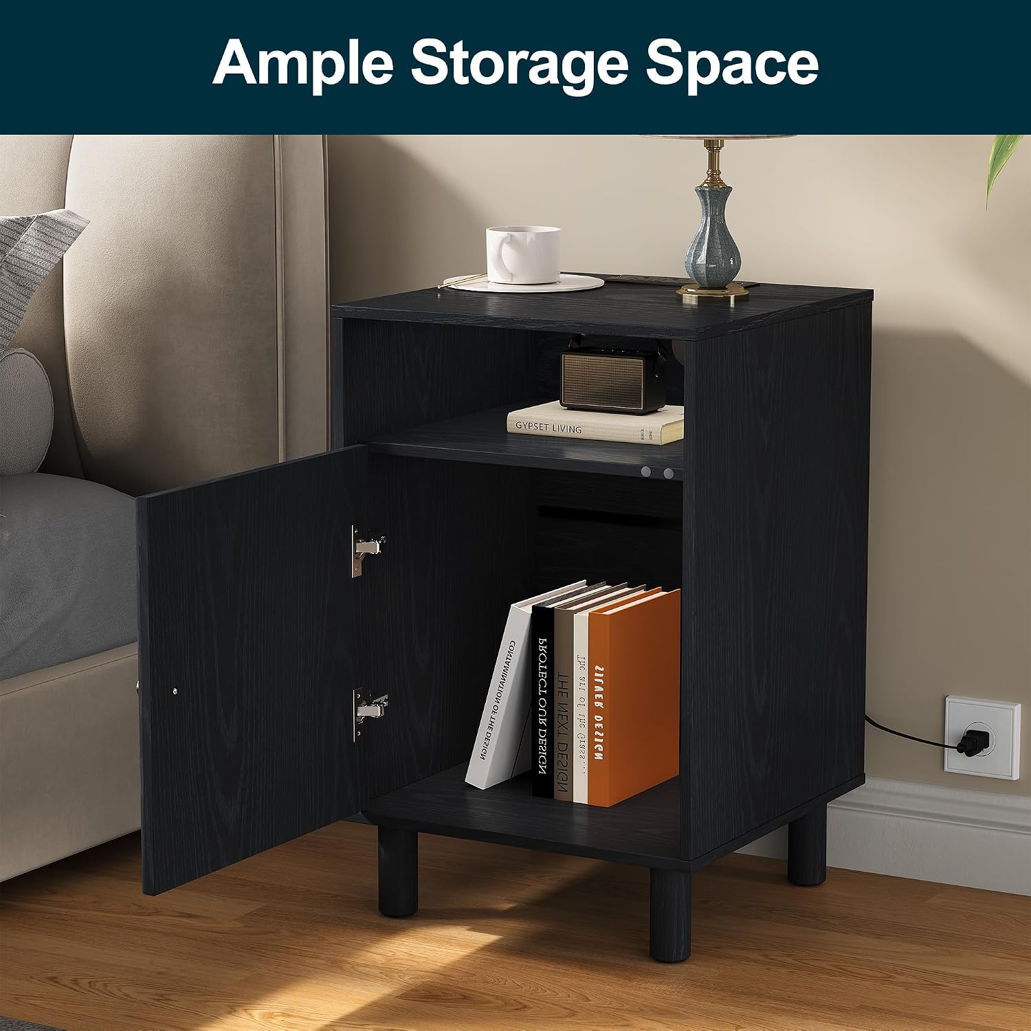 RoyalCraft Nightstand Set of 2, Modern Side Table with Charging Station, Accent End Table with Solid Wood Legs, Bedside Table for Bedroom, Entryway, Black