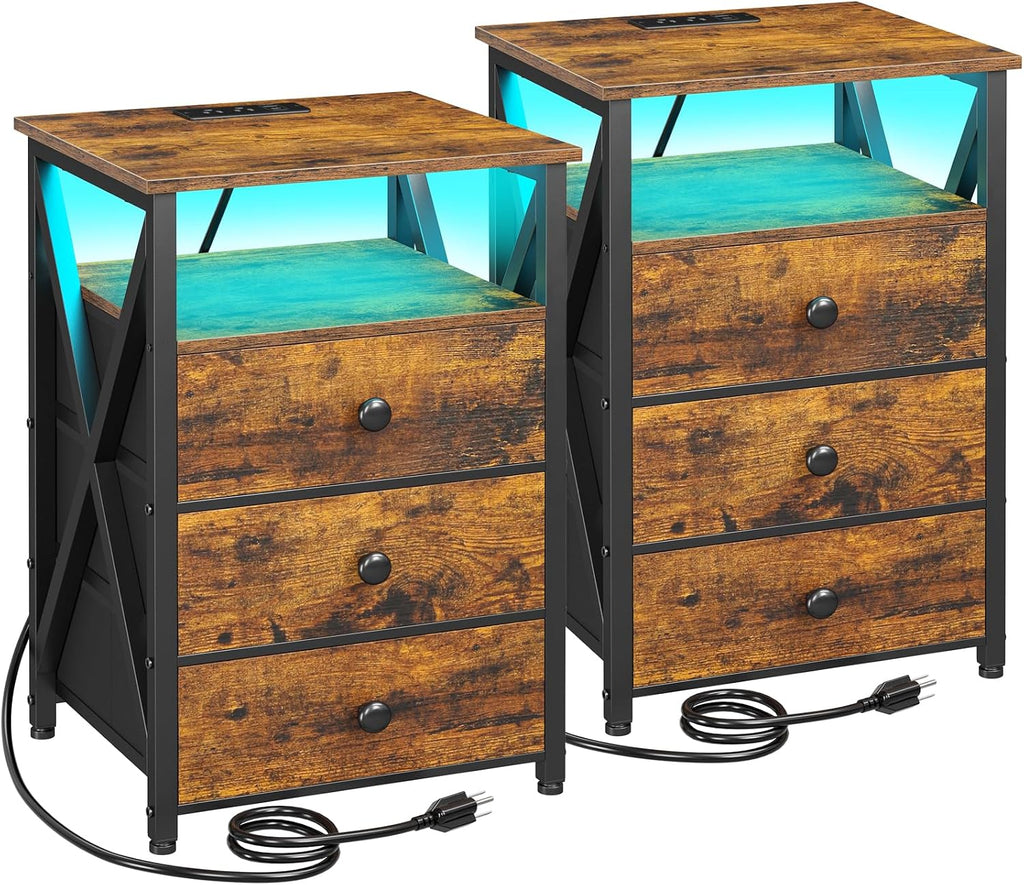 AMHANCIBLE Night Stand Set 2, LED Nightstand with Charging Station, End Side Tables with USB Port & Outlet, Bedside Tables with 3 Fabric Drawers for Bedroom, Rustic Brown HET053LBR