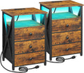 AMHANCIBLE Night Stand Set 2, LED Nightstand with Charging Station, End Side Tables with USB Port & Outlet, Bedside Tables with 3 Fabric Drawers for Bedroom, Rustic Brown HET053LBR