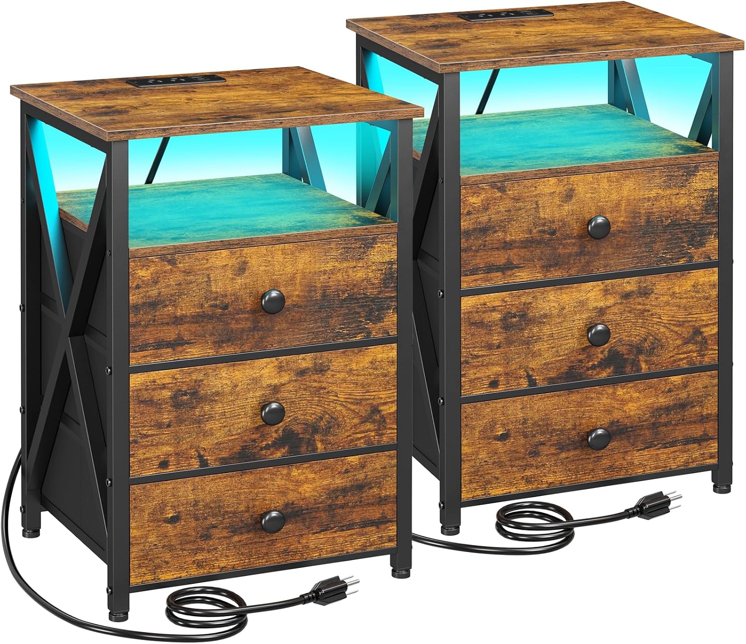 AMHANCIBLE Night Stand Set 2, LED Nightstand with Charging Station, End Side Tables with USB Port & Outlet, Bedside Tables with 3 Fabric Drawers for Bedroom, Rustic Brown HET053LBR