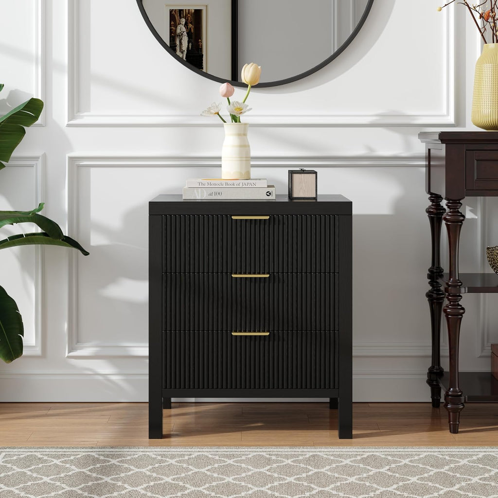 Fluted Nightstands Set of 2, Wooden Farmhouse Night Stands with 6 Drawer Bedside Table - Boho Tall End Table Accent Table for Bedroom, Living Room, （Black 2PCS）