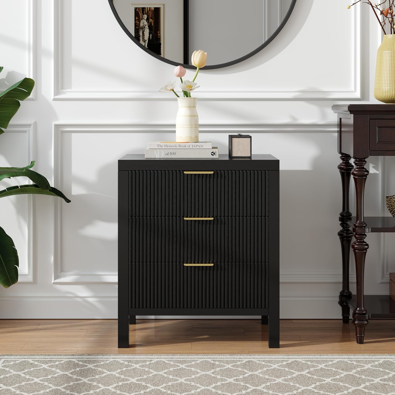 Fluted Nightstands Set of 2, Wooden Farmhouse Night Stands with 6 Drawer Bedside Table - Boho Tall End Table Accent Table for Bedroom, Living Room, （Black 2PCS）