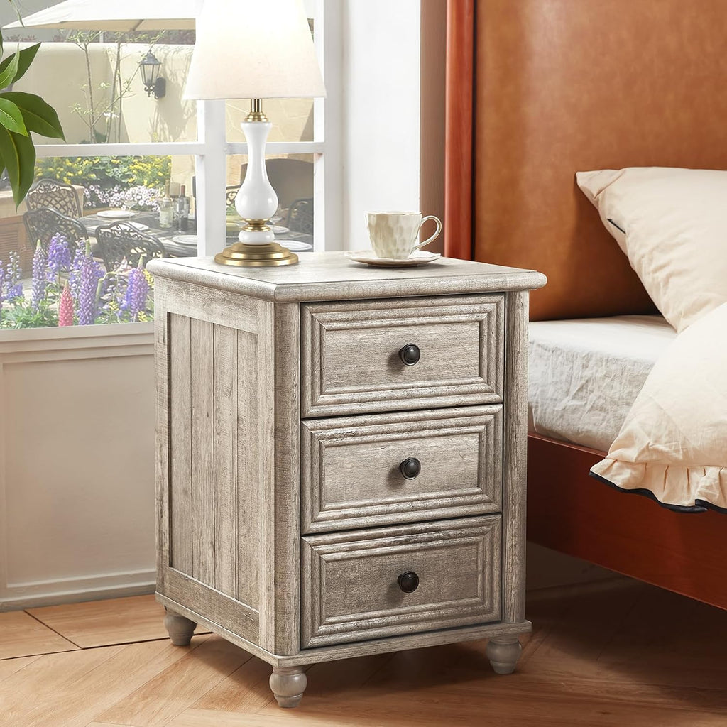 RWYHG 18' Farmhouse Night Stand Set of 2, Gray Wood Nightstand with 3 Drawers, Bedside End Table with Storage and Roman Column, Bed Side Tables Cabinet for Bedroom, Living Room, and Closet