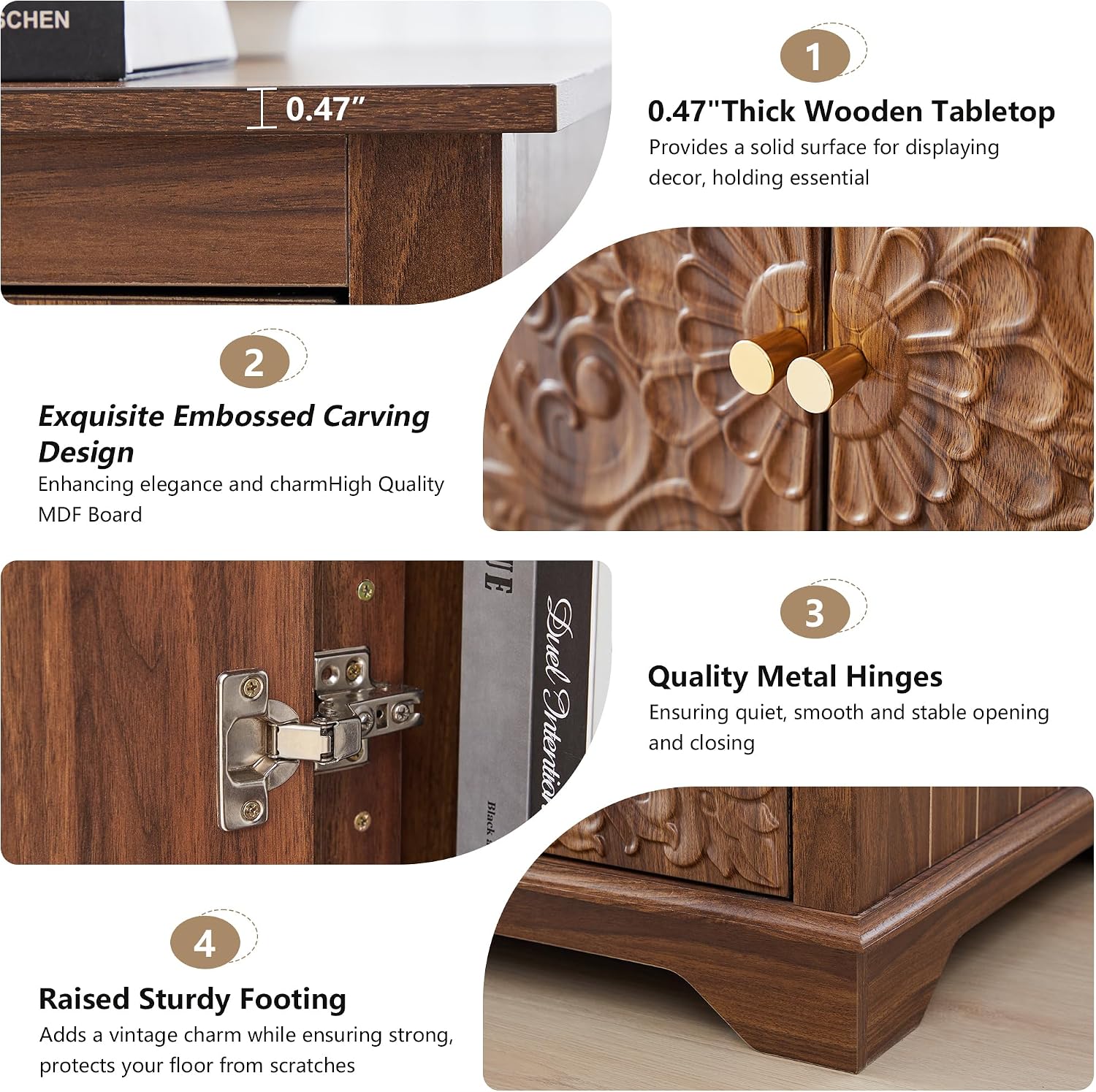 weselon Farmhouse End Table with Carved Floral Door, 24' Wide Nightstand with Adjustable Shelf, Wooden Square Sofa Side Table Storage Table for Living Room Bedroom (Walnut)