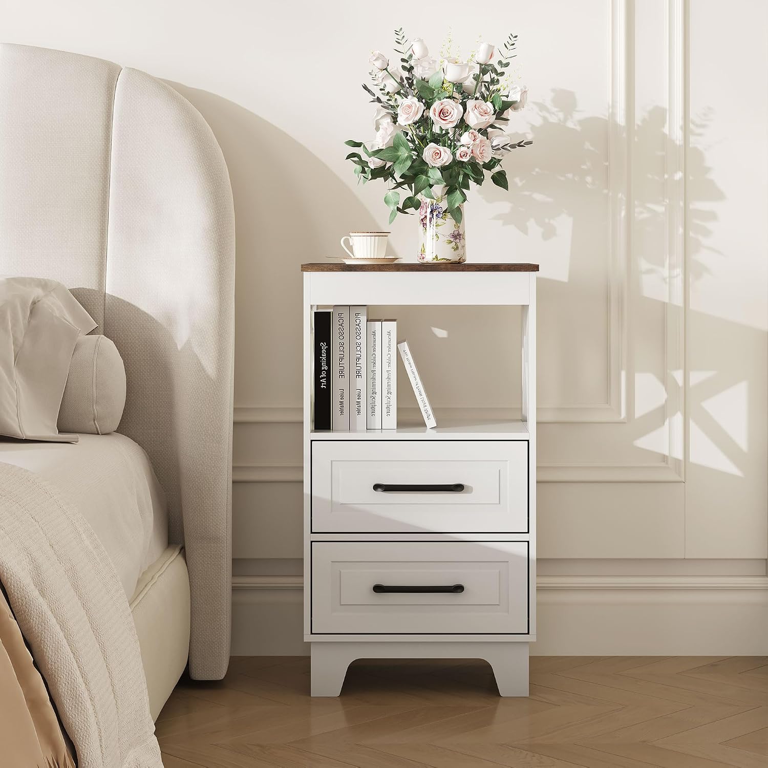 Tall Nightstand Set of 2 Side Table with 2 Drawers Modern Night Stand Wooden Rustic End Table Bedside Table with Below Open Shelf Solid Feet for Bedroom White+Walnut