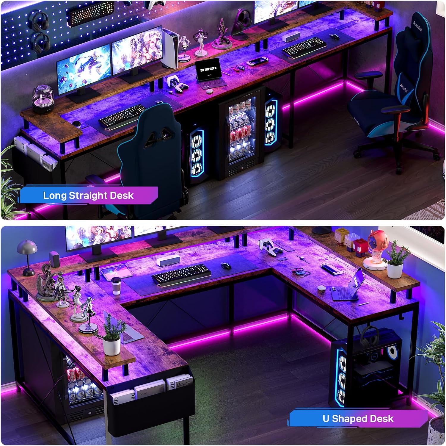 Jojoka U Shaped Computer Gaming Desk, Reversible L Shaped Desk with Power Outlets, LED Strip & Monitor Stand, Large Corner Desk with Storage Shelves for Home Office, Rustic Brown