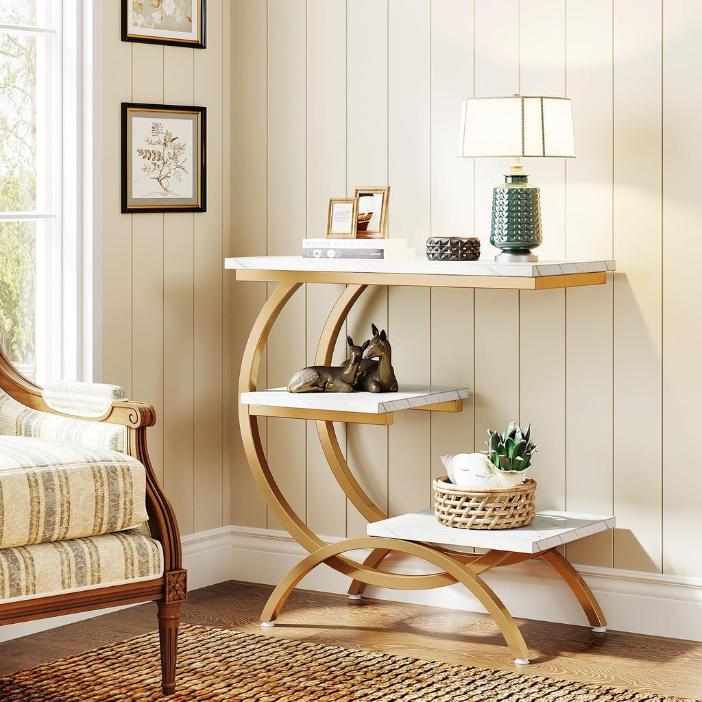 Tribesigns C-Shaped End Table Set of 2, Industrial 3-Tier Small Side Table for Couch, Wood Bedside Table Snack Side Table with Storage Shelves for Living Room Small Space, White Gold