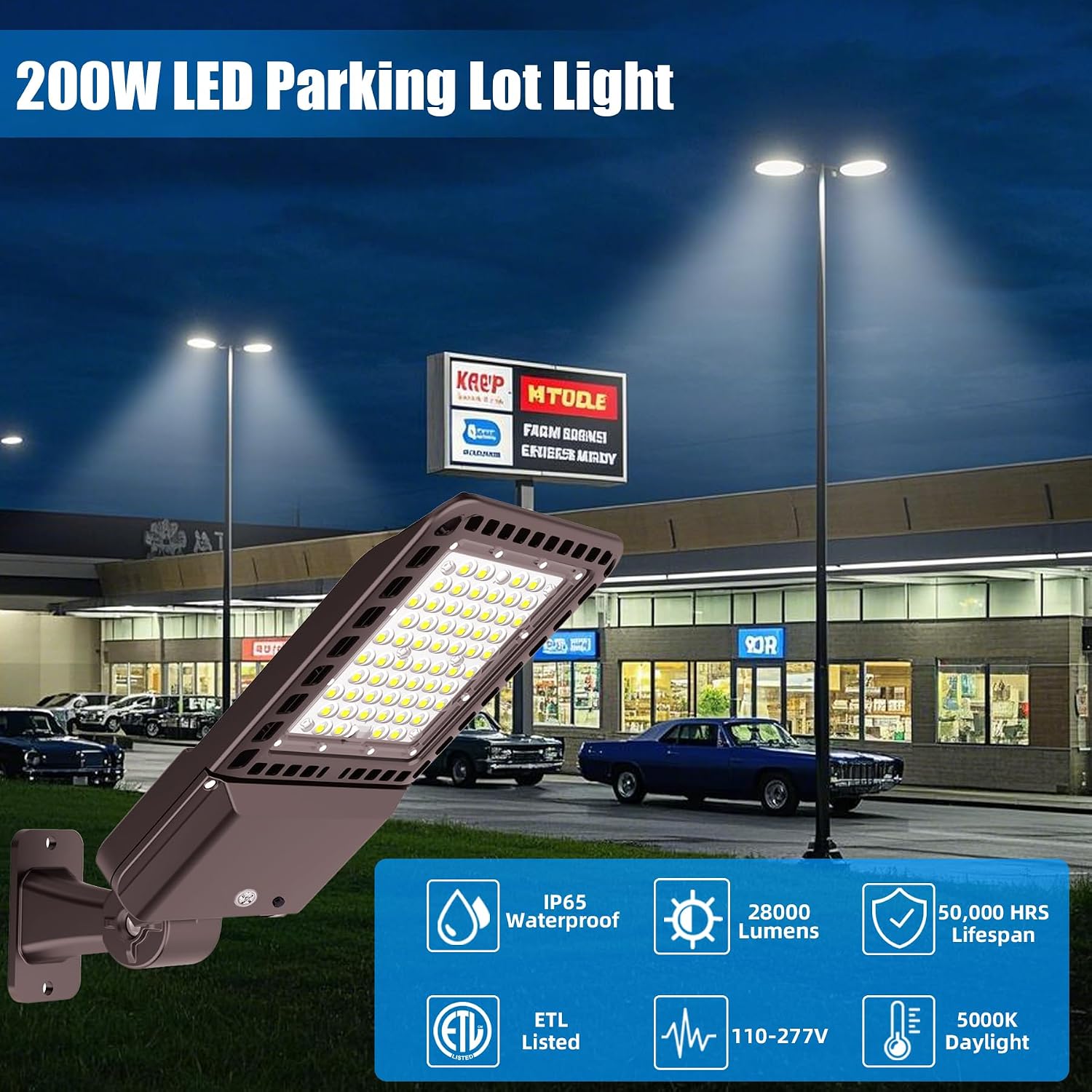 200W LED Parking Lot Light with Adjustable Arm Mount 6 Pack 28,000LM 5000K Commercial Area Street Flood Light with Dusk to Dawn Photocell IP65 Waterproof, ETL Listed for Road, Playing Field