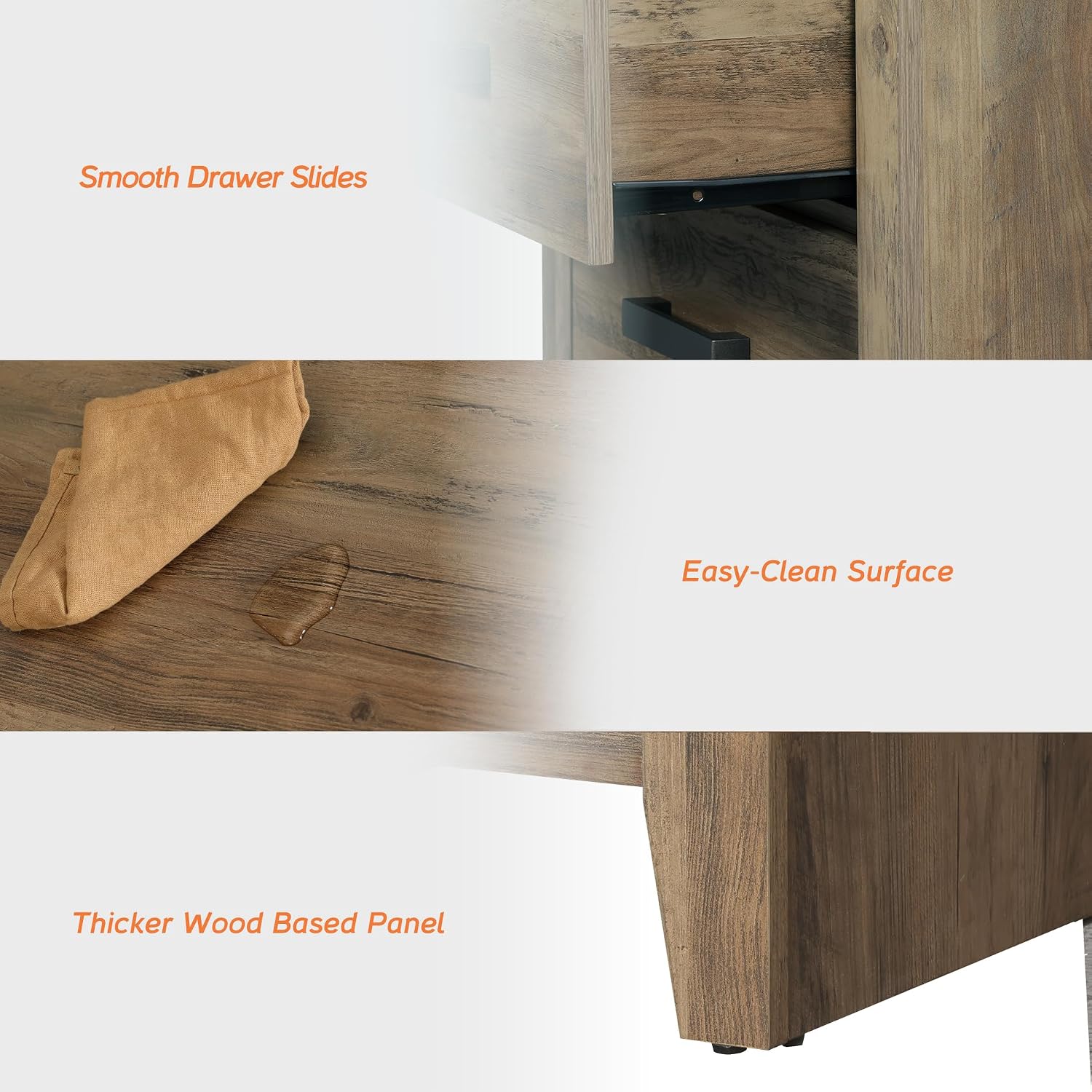 WAMPAT Farmhouse 3 Drawer Nightstand Set of 2, Large Wood Bedside Tables, 32' Wide End Tables with Storage for Bedroom, Hallway, Brown