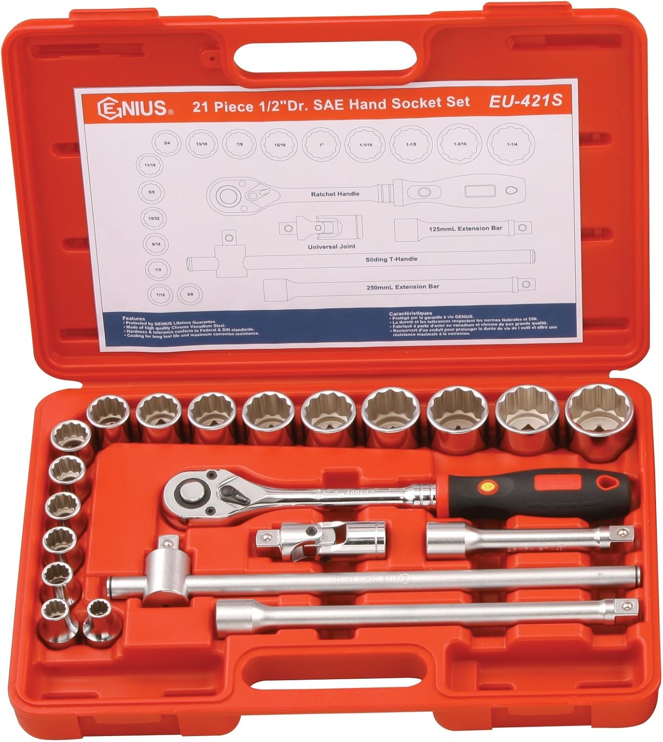 Genius Tools 21 Piece 1/2' Dr. SAE Hand Socket Set (12-Point) EU-421S