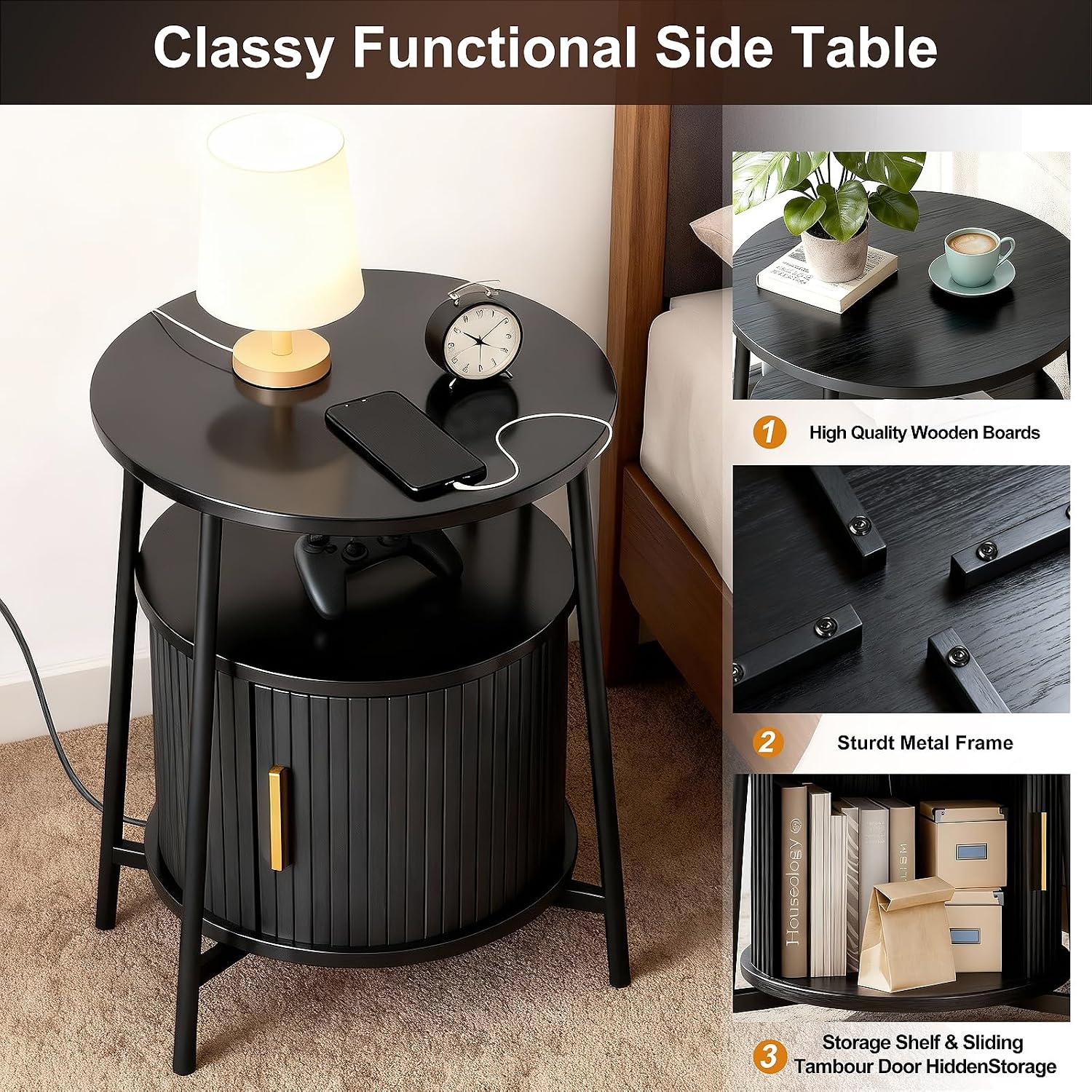 DHH Round End Tables Set of 2 & Charging Station, Fluted Accent Side Table with Sliding Door, Mid-Century Modern Nightstand Set of 2 for Small Space Storage, Living Room, Bedroom,Sofa Couch(2, Black)