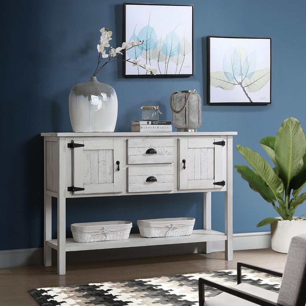 48' Console Table with 2 Drawers and Cabinets,Retro Style Storage Sideboard W/Bottom Shelf,for Entryway,Hallway,Living Room,Easy Assembly,Antique White