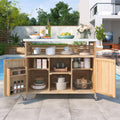 Outdoor Kitchen Rolling Bar Cart with Storage Cabinet, Farmhouse Solid Wood Outdoor Grill Table with Stainless Steel Top, Spice Rack and Towel Rack, Perfect for Barbecue Poolside Patio (Natural)