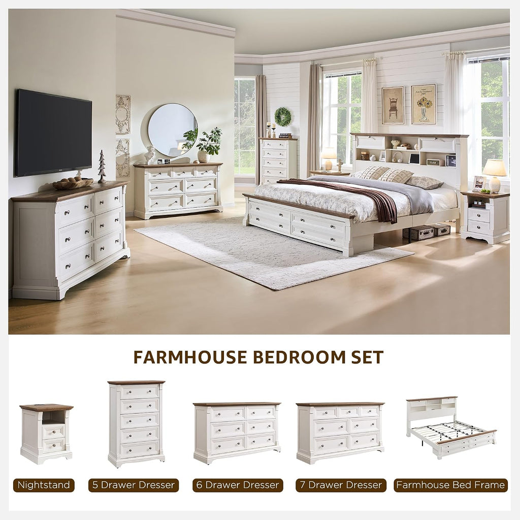 T4TREAM Farmhouse Nightstand Set of 2, 23.6' End Table with 3 Drawers Storage, Wood Side Table w/Roman Column, End Tables Living Room Set of 2, Bedside Cabinet for Bedroom, Living Room, Antique White
