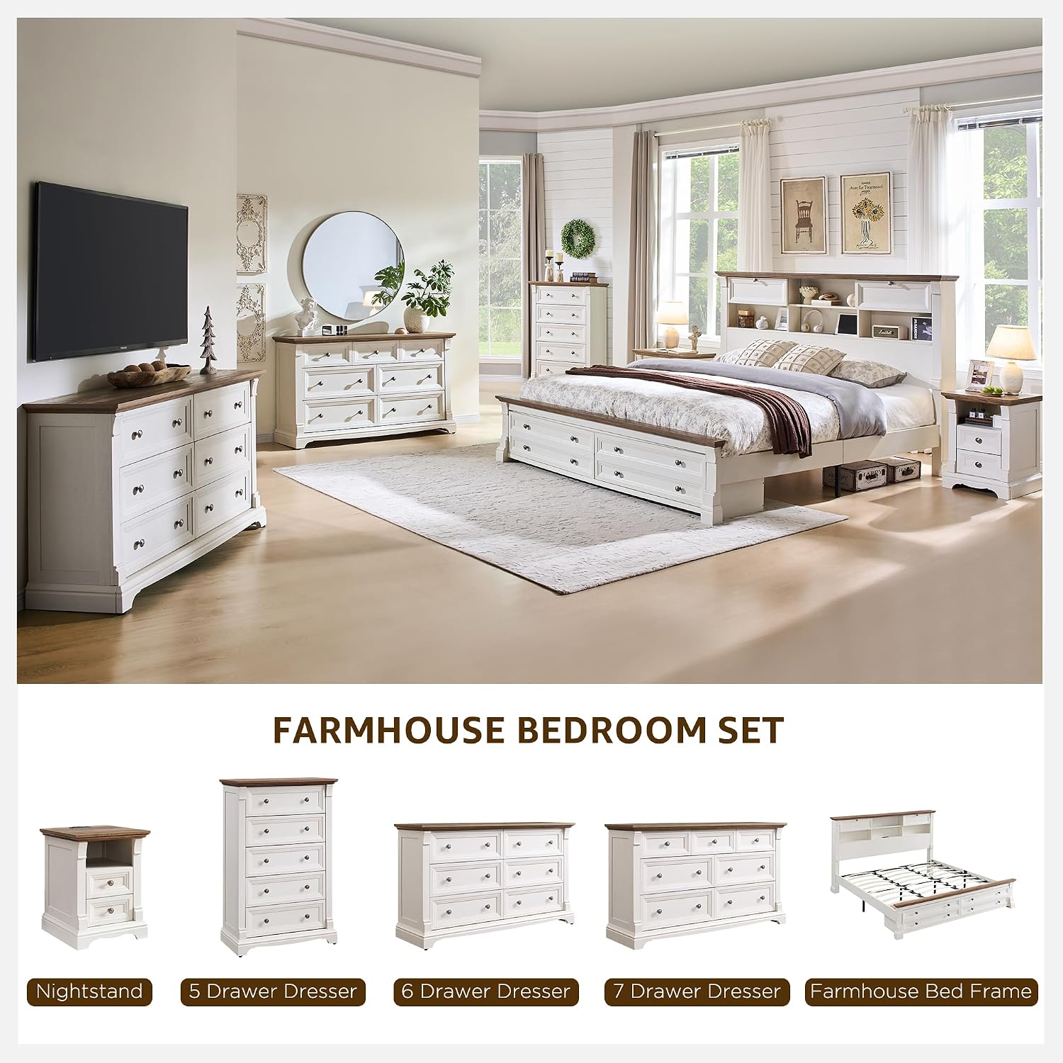 T4TREAM Farmhouse Nightstand Set of 2, 23.6' End Table with 3 Drawers Storage, Wood Side Table w/Roman Column, End Tables Living Room Set of 2, Bedside Cabinet for Bedroom, Living Room, Antique White