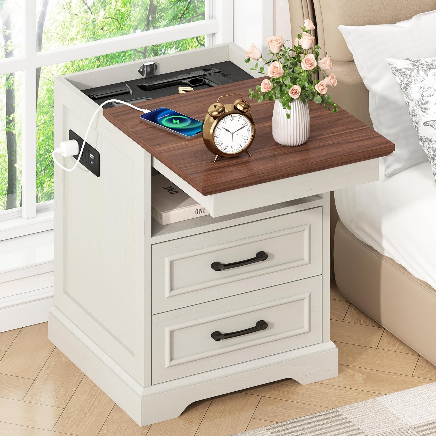 Gadroad 18' Farmhouse Accent Nightstand with Charging Station, End Table with 3 Drawers Storage, Side Table, Bedside Cabinet for LivingRoom Bedroom Office, Brown