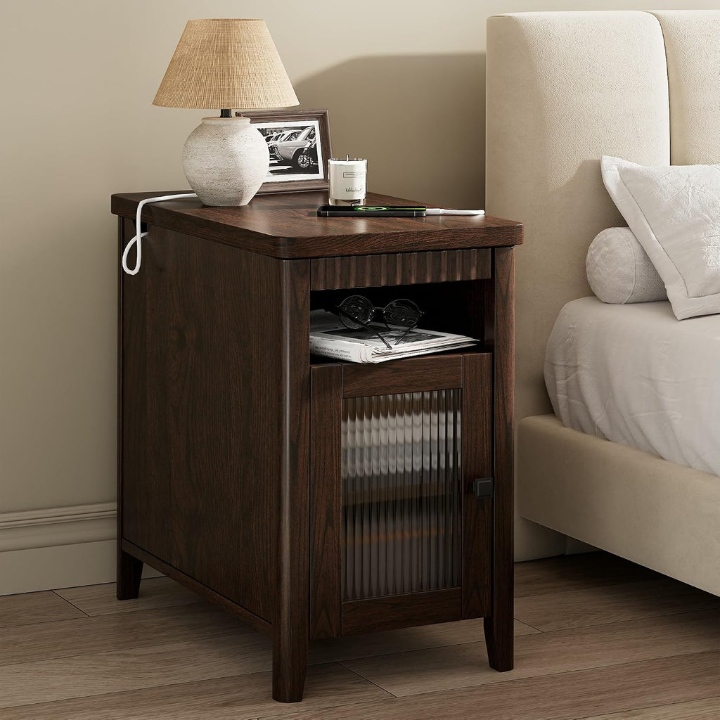 iPormis End Table Set of 2 with Charging Station, Narrow Side Table for Living Room, Farmhouse Night Stand with Storage Cabinet, Wood Bedside Table for Bedroom Small Space, Walnut