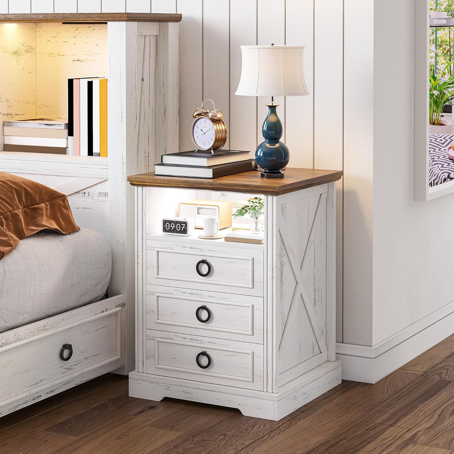 Nightstand Set 2 with Charging Station, Farmhouse End Side Table with 3 Drawers and Open Storage, Smart Bedside Table with LED Light & Human Sensor for Bedroom, Living Room,White,Chest