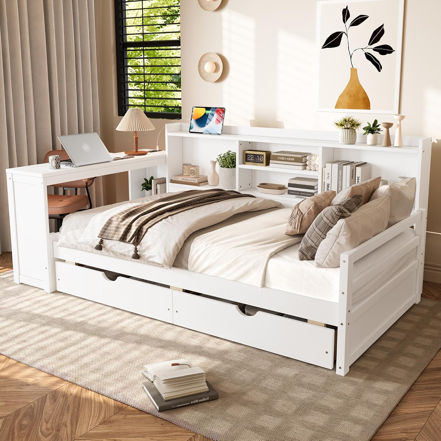 SOFTSEA Twin Corner Bed Frame with Storage Drawers, Desk & Bookcase, Wood Corner Daybed with Charging Station, L-Shaped Daybed for Kids Bedroom, No Box Spring Needed, White
