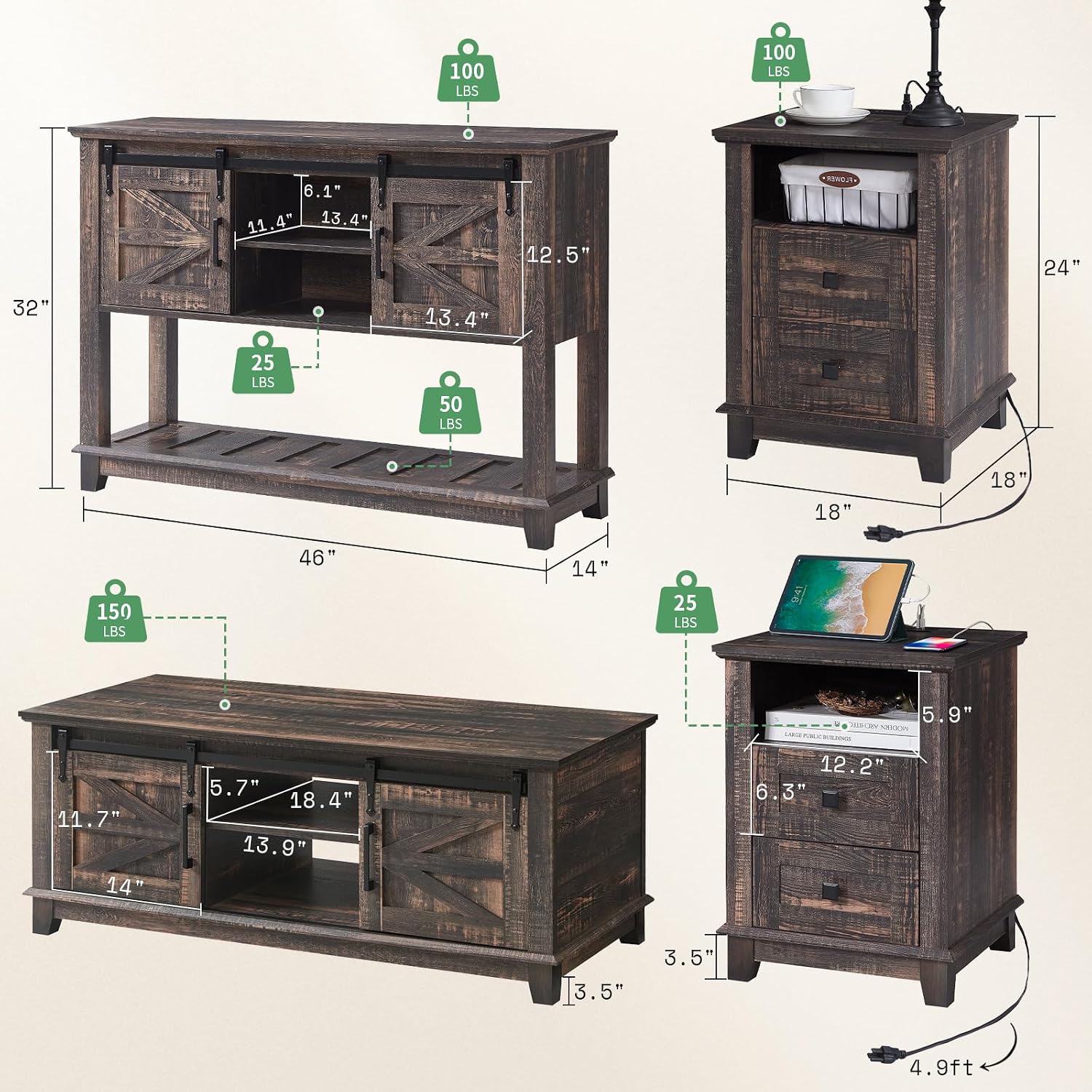 AMERLIFE Farmhouse 4-Piece Living Room Set, Entryway Console with Adjustable Shelves, Pair of 18' End Tables with Charging Station, Rectangular Coffee Table with Sliding Barn Doors, Rustic Oak Black