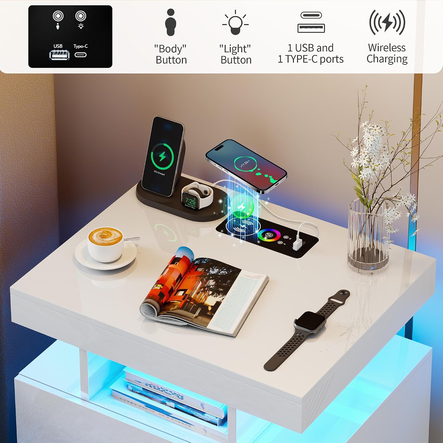 Smart Night Stand Set of 2 with Charging Station, Modern White Nightstand with 24 Color Lights and 2 Drawers, LED Bedside Tables with Auto Senor,High Gloss End Side Table for Bedroom