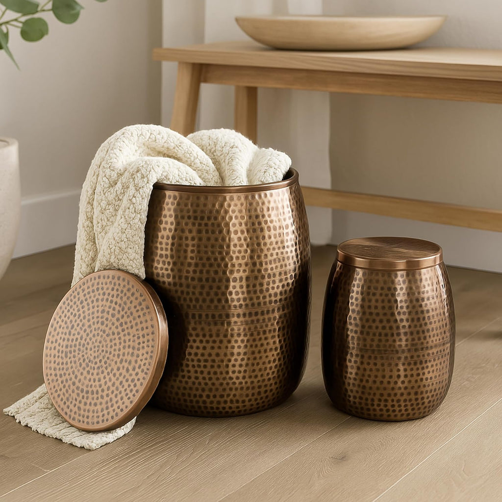 happimess SSL2002C-2SET Merida Modern Rustic 2-Piece Hammered Metal Drum Storage Side Tables with Lids, End Table for Decoration in Living Room, Bedroom, Bathroom, Antique Copper