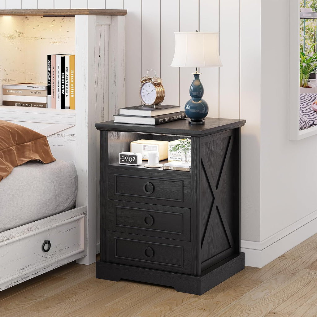 Nightstand Set 2 with Charging Station,Farmhouse End Side Table with 3 Drawers and Open Storage,Smart Bedside Table with LED Light & Human Sensor, Black