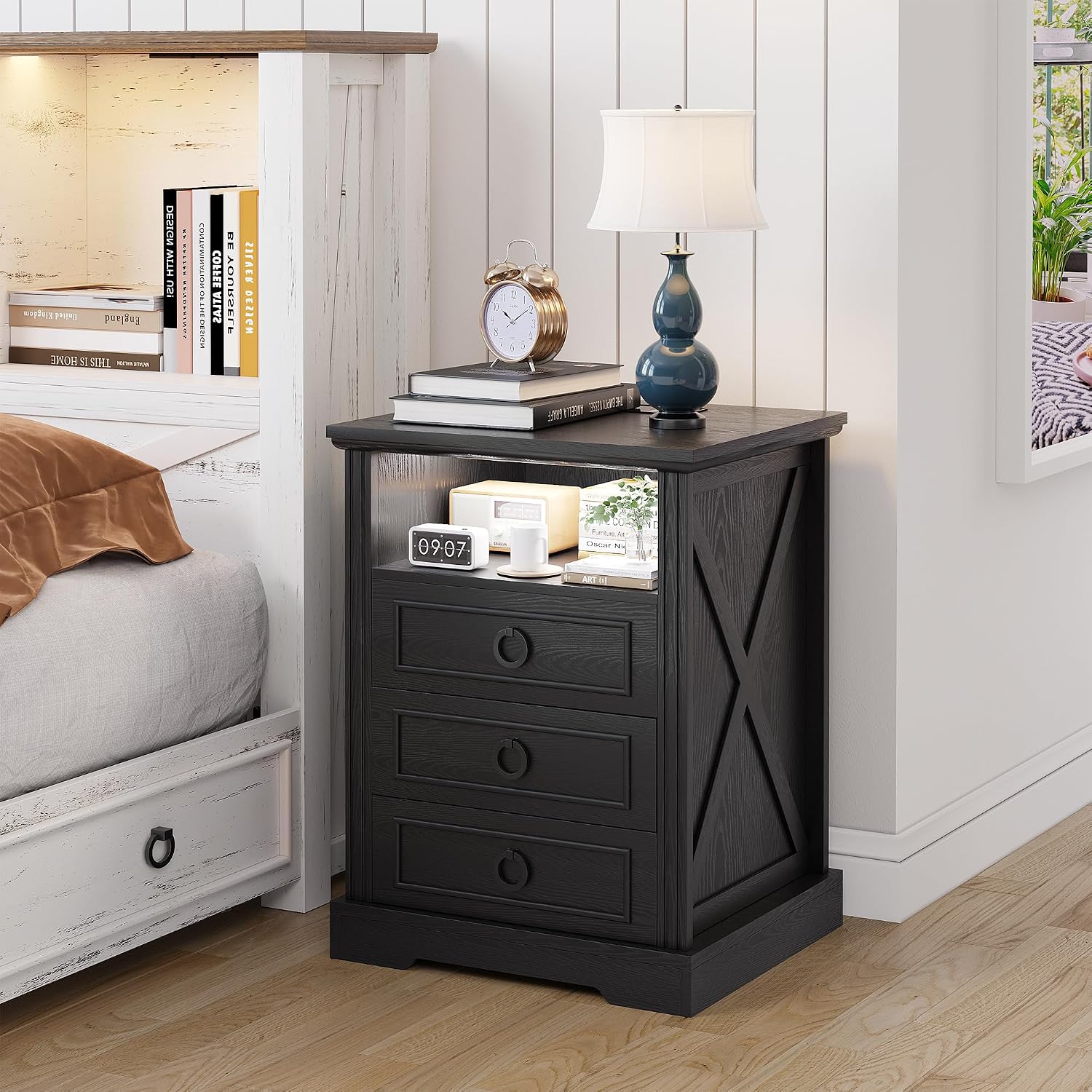 Nightstand Set 2 with Charging Station,Farmhouse End Side Table with 3 Drawers and Open Storage,Smart Bedside Table with LED Light & Human Sensor, Black