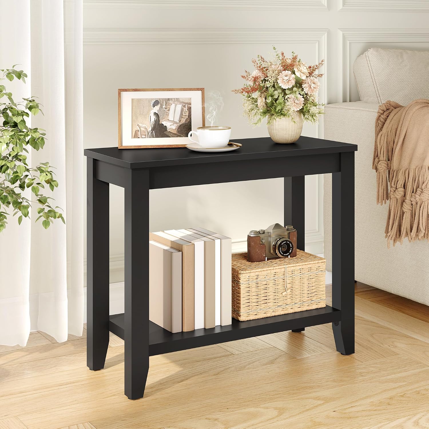 Hoctieon End Table with Double Storage Shelves, Sturdy Wooden Side Table for Living Room, Bedroom, Modern Nightstand Sofa Table for Small Spaces, Black, Set of 2