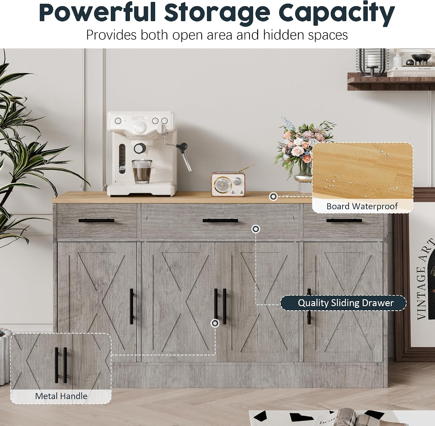 SUNLEI Kitchen Storage Cabinets, Farmhouse Buffet Cabinet with 4 Doors and 3 Drawers, Sideboard Small Storage Cabinet with Adjustable Shelf, for Kitchen, Dining Room & Living Room, Grey