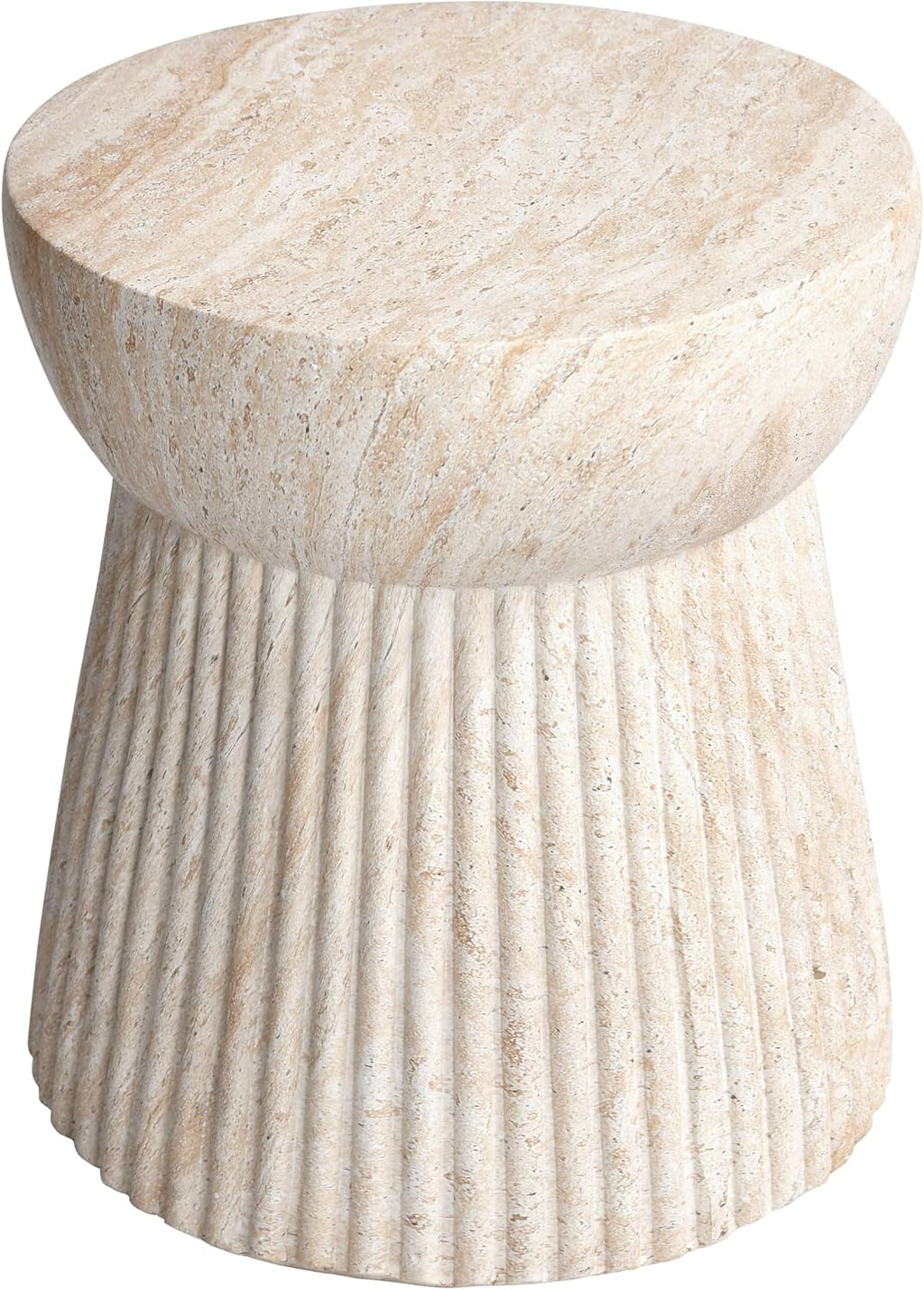 Empire Art Direct Fluted Travertine Stone Finish Italian Design MgO Side Accent Table, Living Room, Bedroom & Office, 14.6'x14.6'x17'