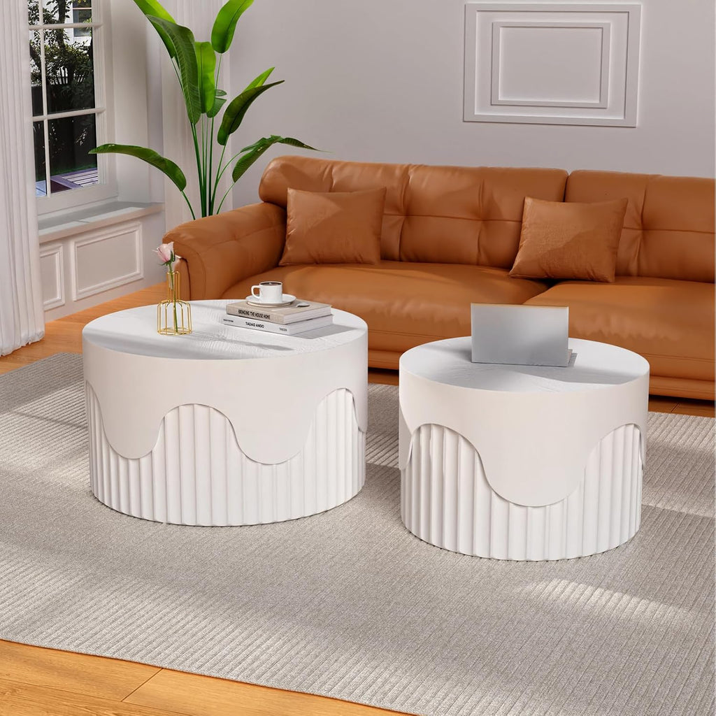 Fluted Round Nesting Coffee Table Set of 2, Modern Unique Circle Coffee Table, Drum Side Tea Table, Space-Saving for Living Room, Bedroom, Balcony, Office, No Assembly (26.77'+19.69' White A)