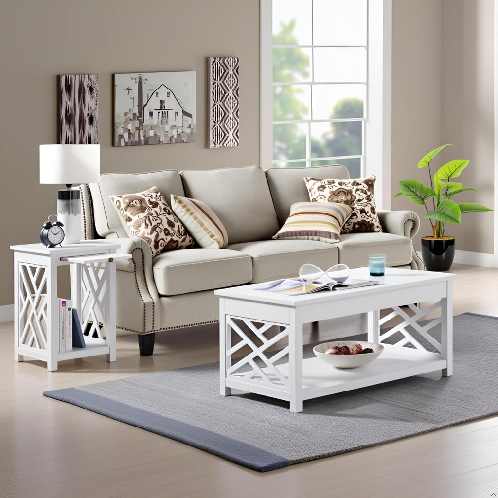 Coventry 2-Piece Living Room Table Set – Cottage Style Coffee Table and End Table with Lower Shelves and Pull-Out Tray – for Apartment, Loft, or Teen Room by Alaterre Furniture (White)