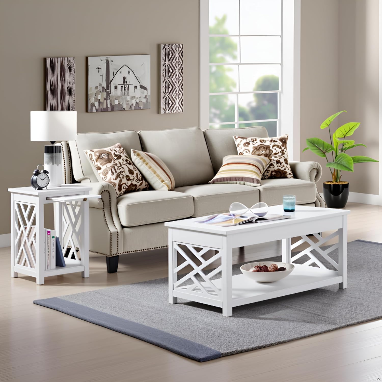 Coventry 2-Piece Living Room Table Set – Cottage Style Coffee Table and End Table with Lower Shelves and Pull-Out Tray – for Apartment, Loft, or Teen Room by Alaterre Furniture (White)