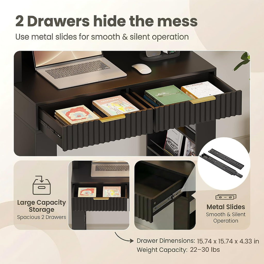 Arched Writing Desk with Hutch, Home Office Desk with 2 Drawers, Secretary Desk with Outlets, 3 Color LED Lights, Open Shelves, Computer Desk for Small Space, Bedroom 35.4' W x 70.8' H (Black)
