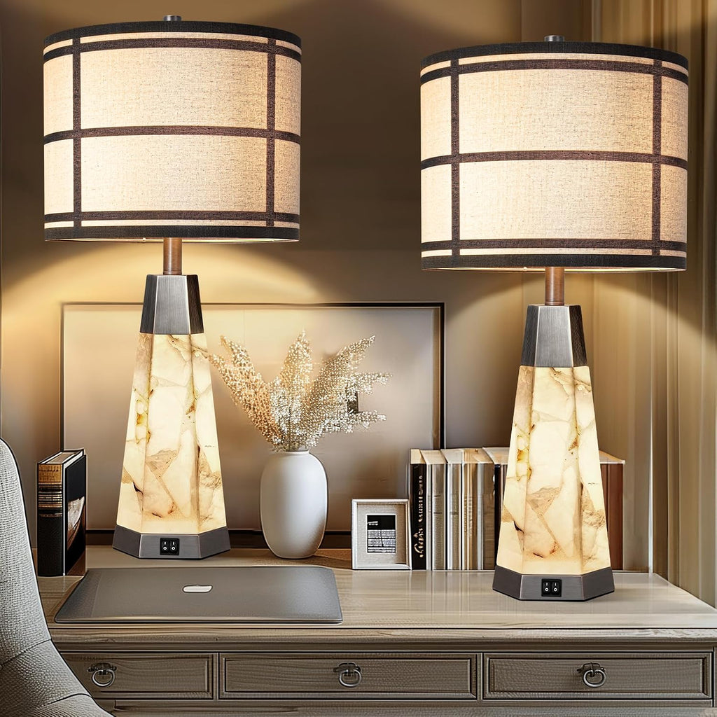 KIVDITZO 27' Alabaster Table Lamps for Living Room, Bedroom Lamps Set of 2 with Night Light, Living Room Lamps with USB A+C Ports, Table Lamp with Linen Shade for Bedside (Bulbs Included)