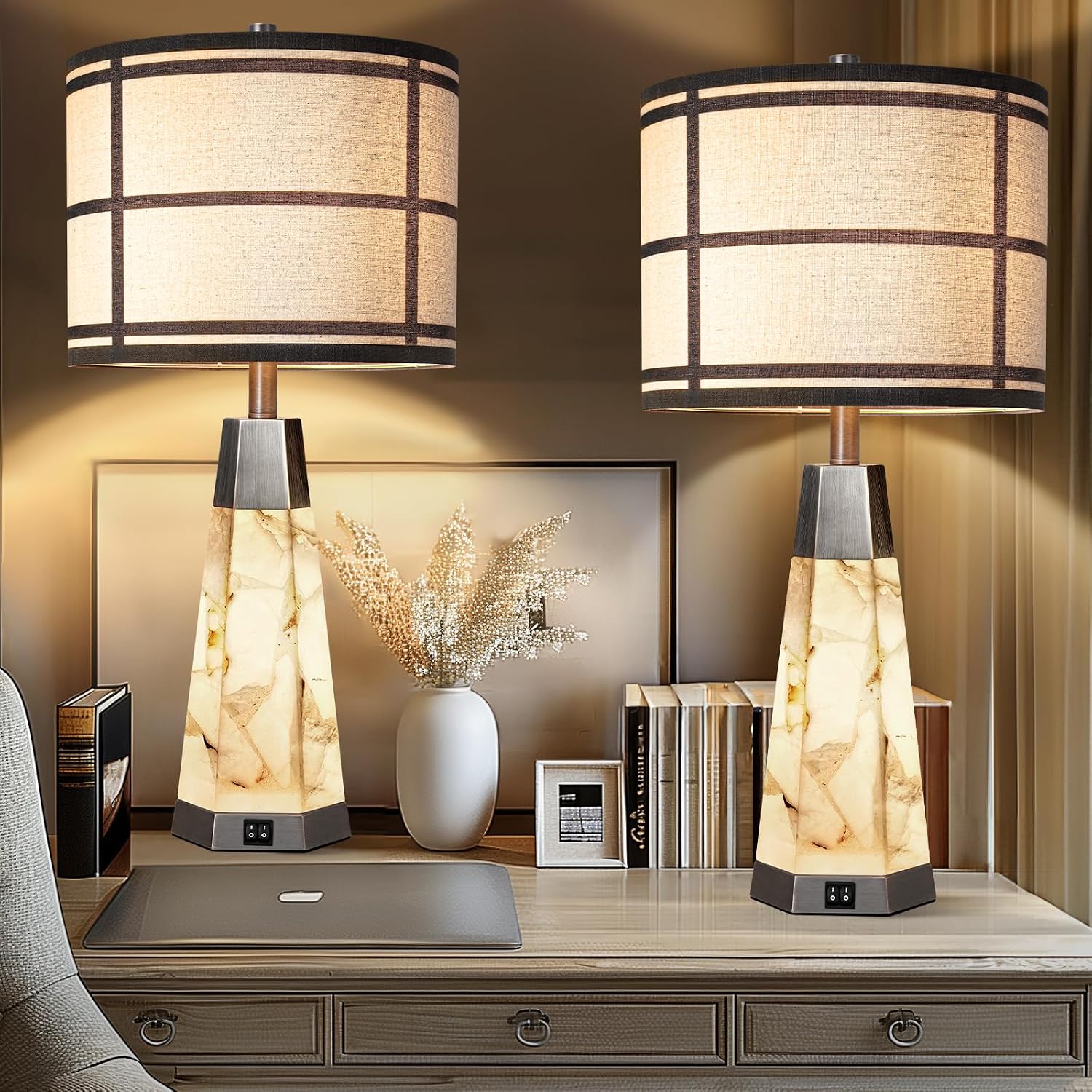 KIVDITZO 27' Alabaster Table Lamps for Living Room, Bedroom Lamps Set of 2 with Night Light, Living Room Lamps with USB A+C Ports, Table Lamp with Linen Shade for Bedside (Bulbs Included)