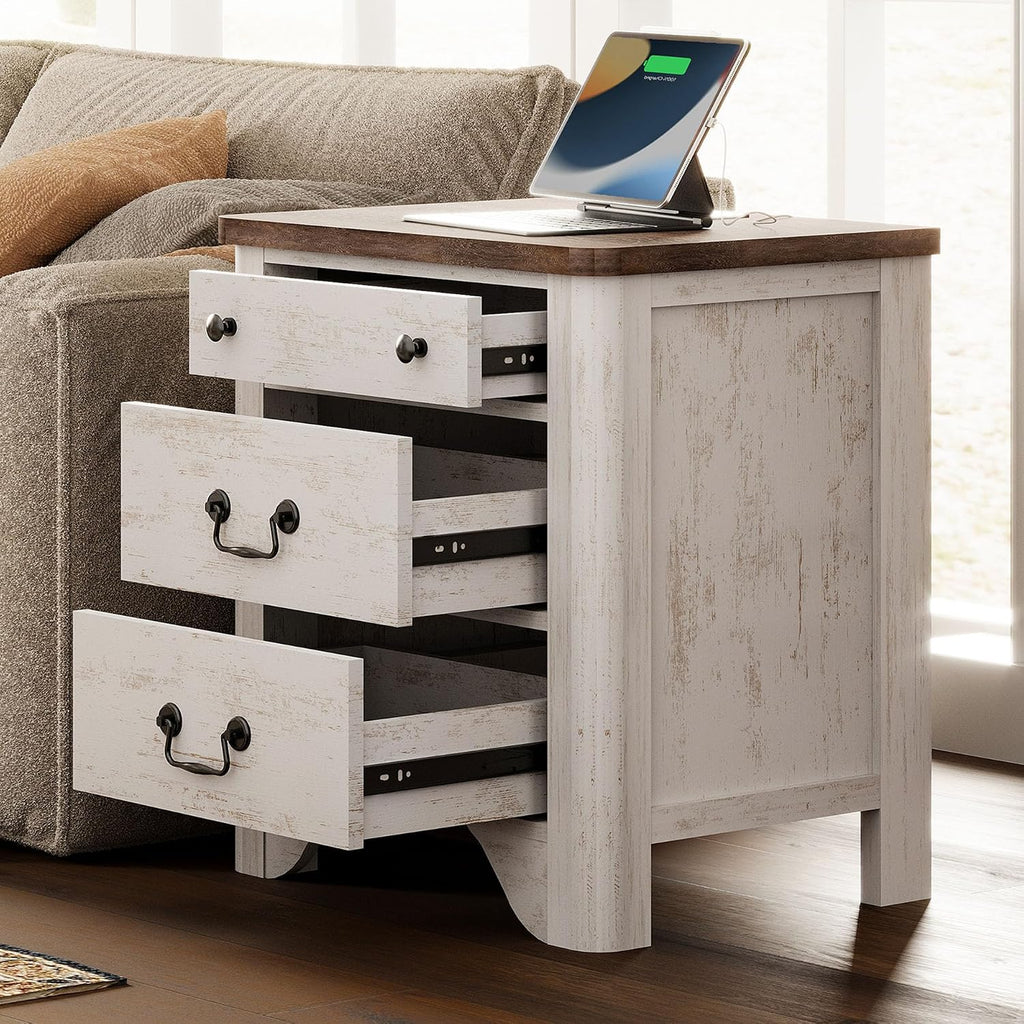 WAMPAT Farmhouse Nightstands Set of 2, 20.5 Inch End Table with Charging Station, Wooden Side Table with 3 Drawers, White End Table Side Table for Bedroom, Living Room, Sofa, Couch, Office