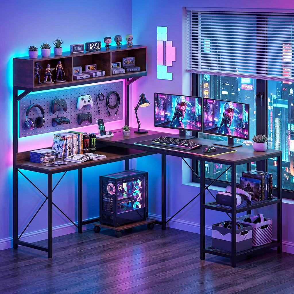 Tangkula 62' Reversible L-Shaped Computer Desk with Hutch & Power Outlets, Corner Computer Desk with 3 Compartments, Shelves & Mobile CPU Stand, Reversible Gaming Table Workstation for Home Office