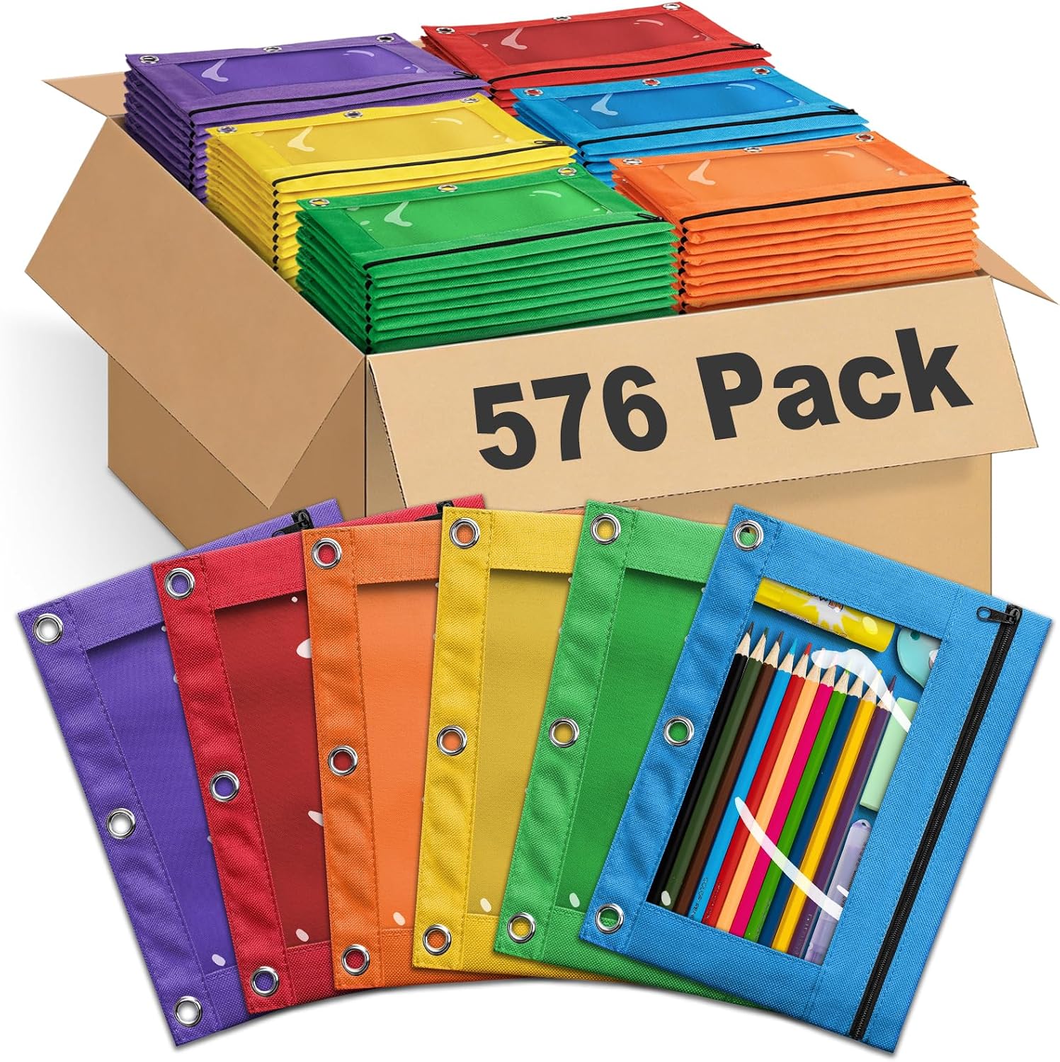 Pencil Pouch for 3 Ring Binder, Bulk 576 Pack 3-Holes Zipper Pencil Pouches in Assorted Colors, Sturdy and Durable Cloth Pencil Holder with Clear Window for Office School College Supplies