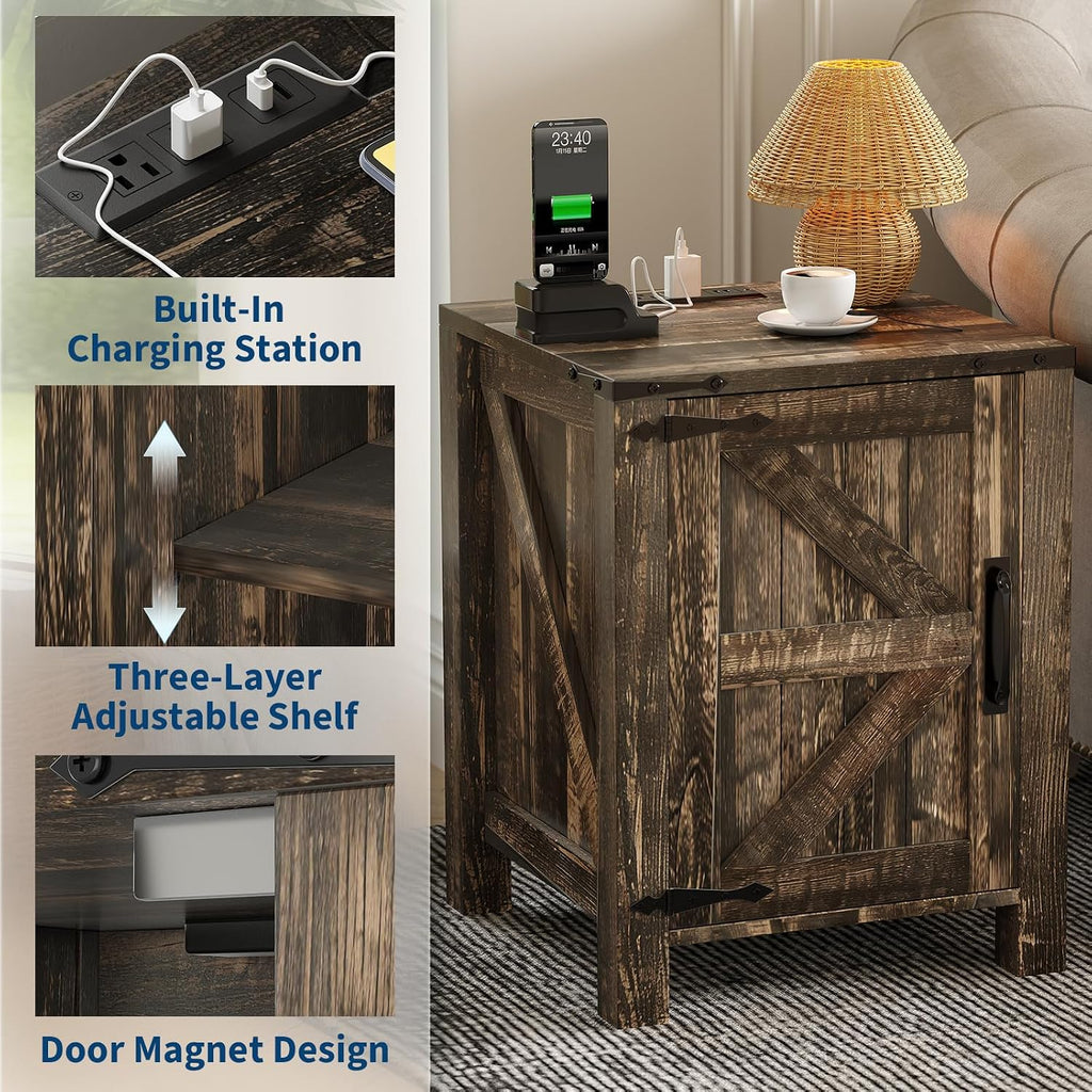 Garvee Rustic Farmhouse Nightstand with Charging Station, Barn Door and Adjustable Storage Shelf, Wooden Small Bedside Table, 18' Modern Two-Tier Nightstand & End Table for Bedroom (2, Dark Brown)