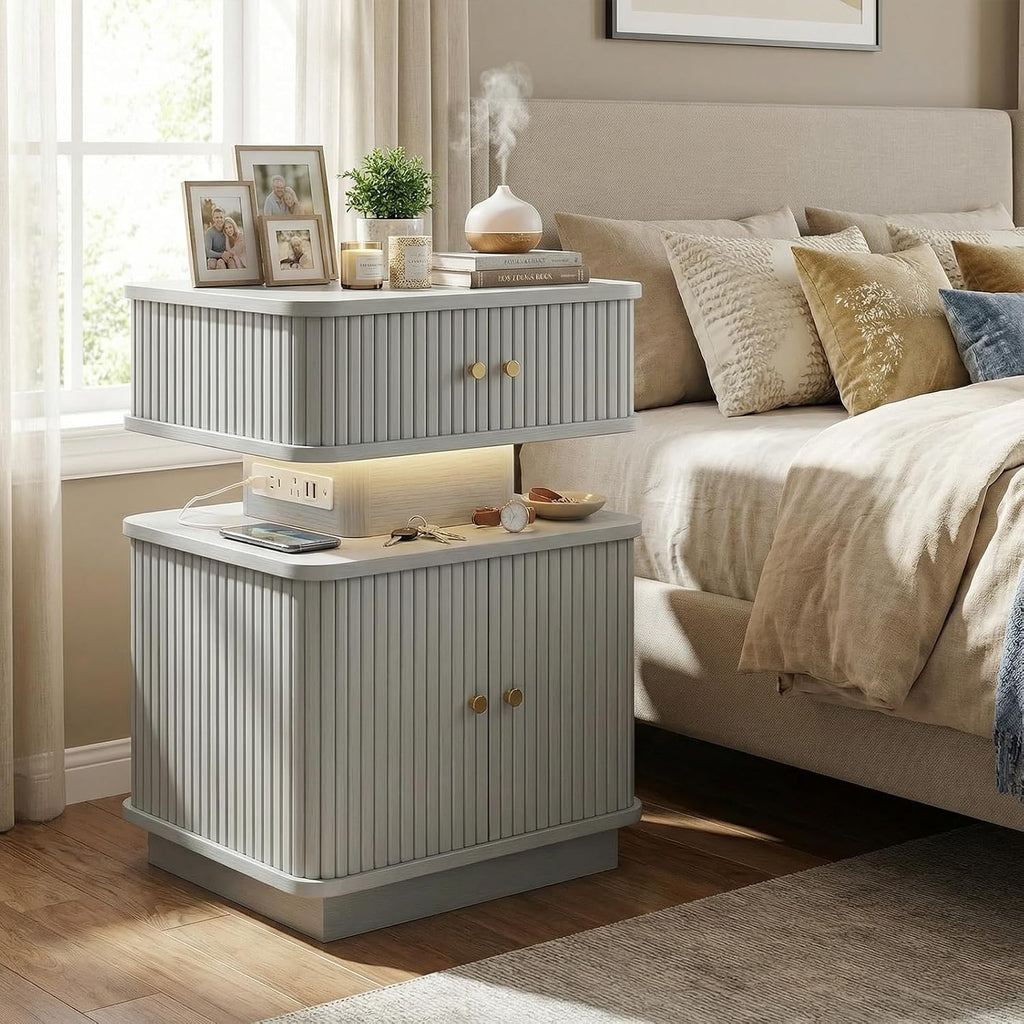 Set of 2 LED Light End Table with Charging Station, Grey Mid Century Bedside Table with USB Type A C Ports, Small Fluted Accent TV Control Nightstand with Sliding Door for Living Room, Curvy Edge