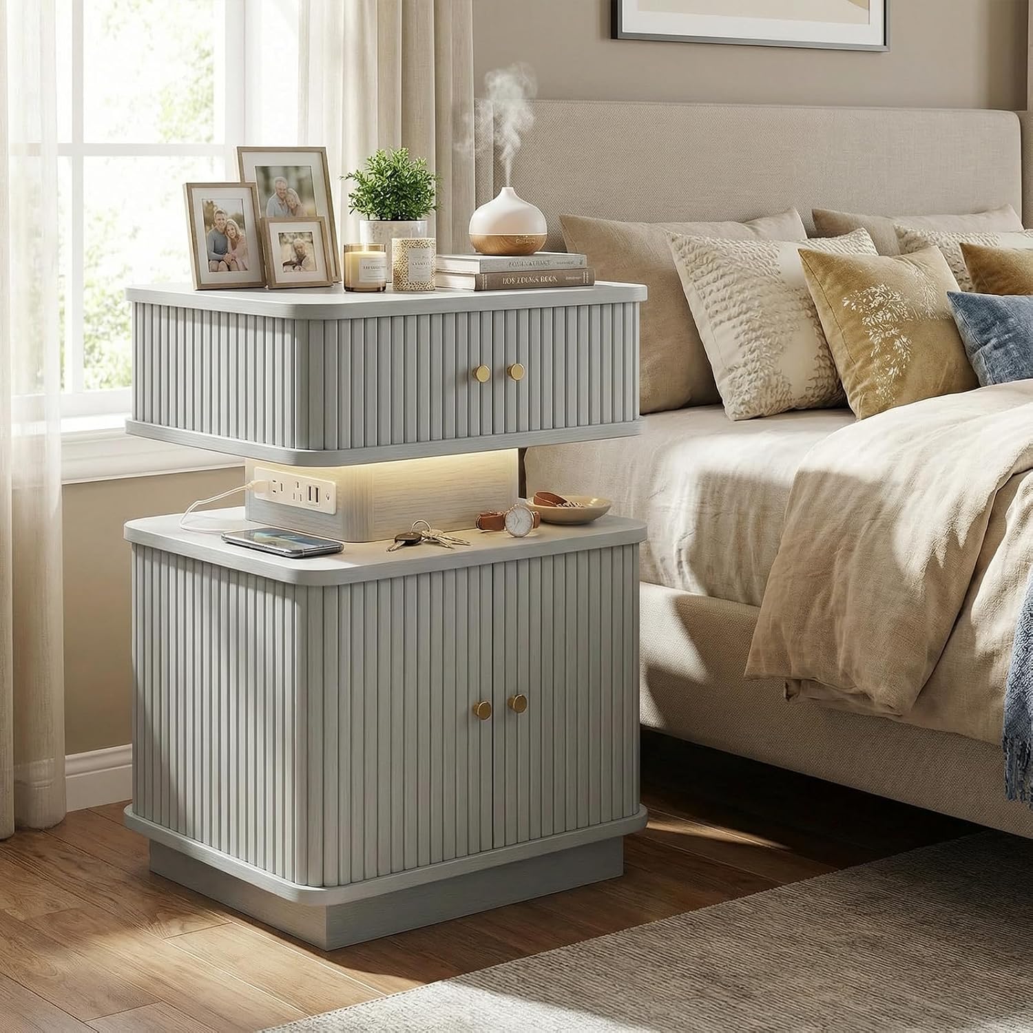 Set of 2 LED Light End Table with Charging Station, Grey Mid Century Bedside Table with USB Type A C Ports, Small Fluted Accent TV Control Nightstand with Sliding Door for Living Room, Curvy Edge