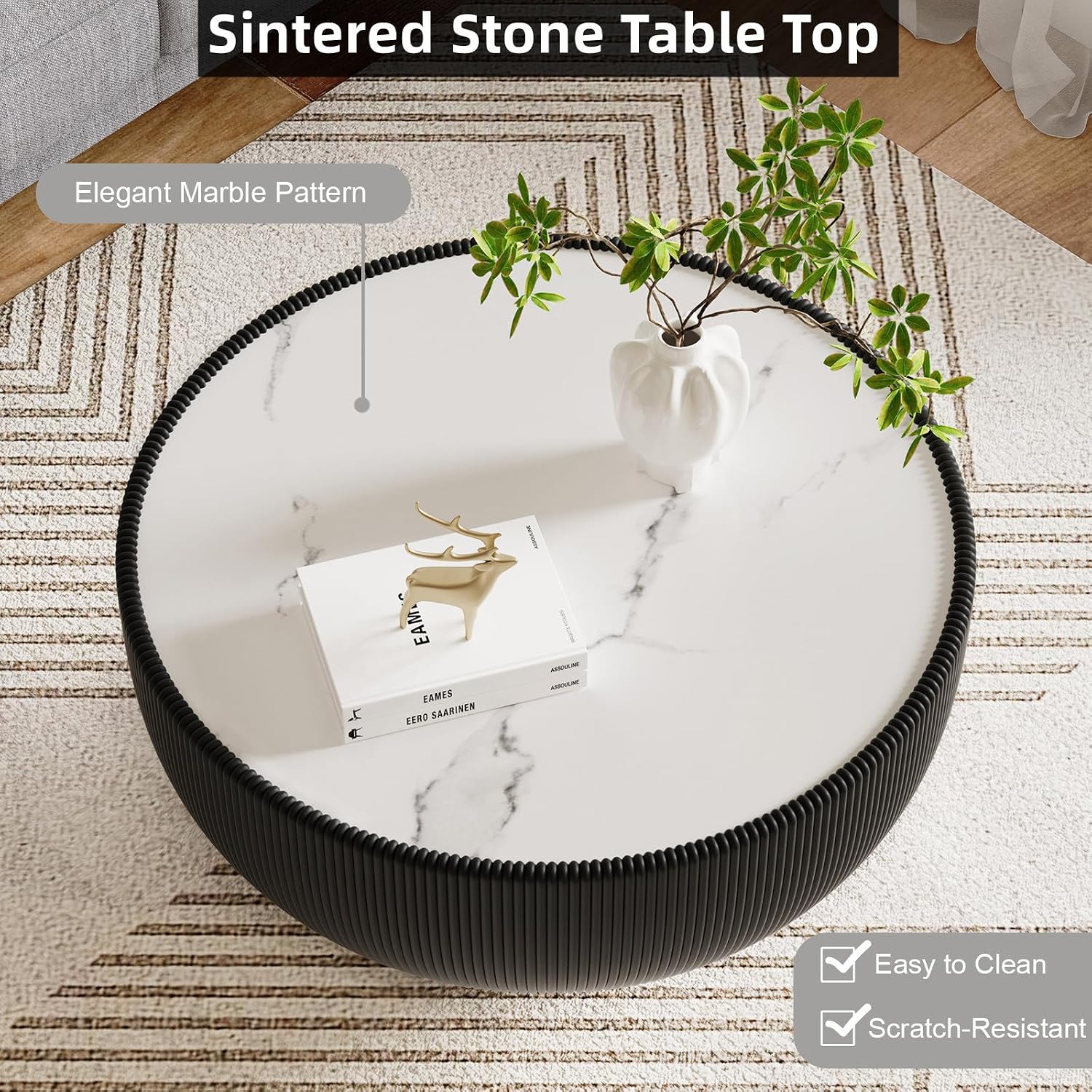 Modern Round Coffee Table Luxury Sintered Stone Top Coffee Table in Black Leatherette Creative Bowl-Shape Cocktail Center Table for Living Room Bedroom,Fully Assembled