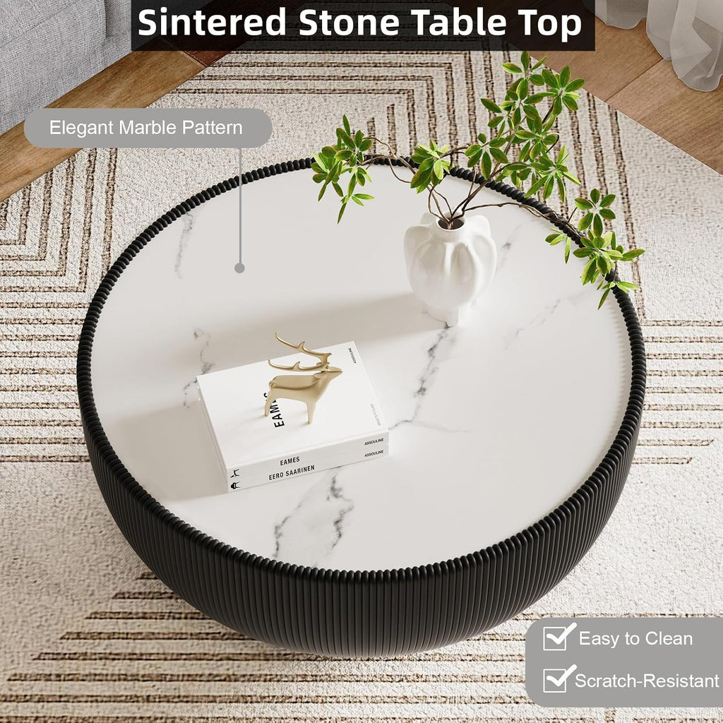 Modern Round Coffee Table Set of 2 Luxury Sintered Stone Top Coffee End Table in Black/Grey Leatherette Creative Bowl-Shape Small Coffee Side End Tables for Living Room,Fully Assembled