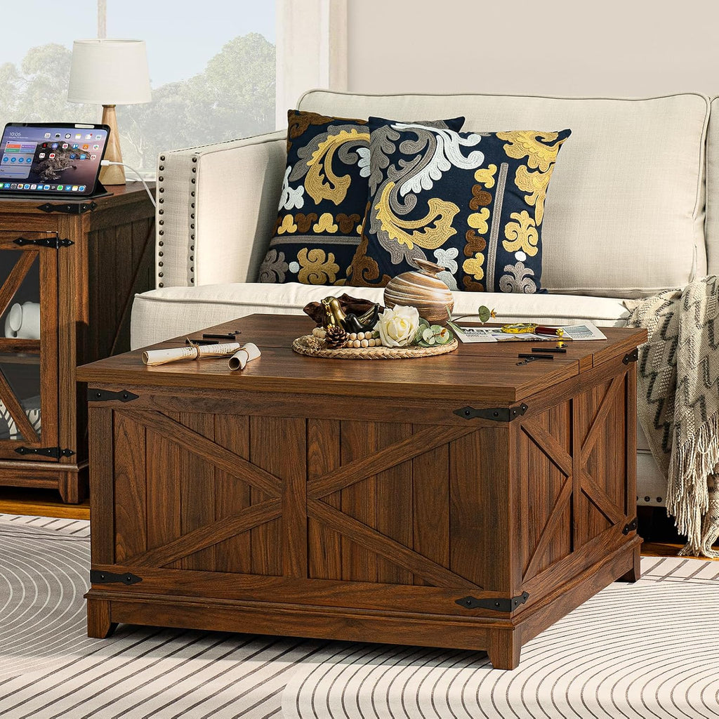 Joaxswe Farmhouse Coffee Table Sets 3 Pieces, 24'' End Table with Charger and Narrow 14'' Nightstand w/Glass Barn Door, Large Coffee Tables with Hidden Storage Organizer, Living Room Sets